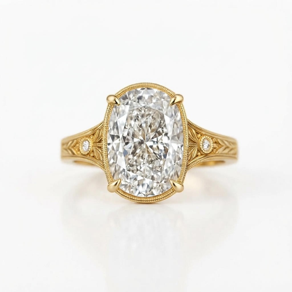 Top view of a 5 CT oval cut lab grown diamond ring with hand-engraved leaf shoulders and milgrain trim in yellow gold.