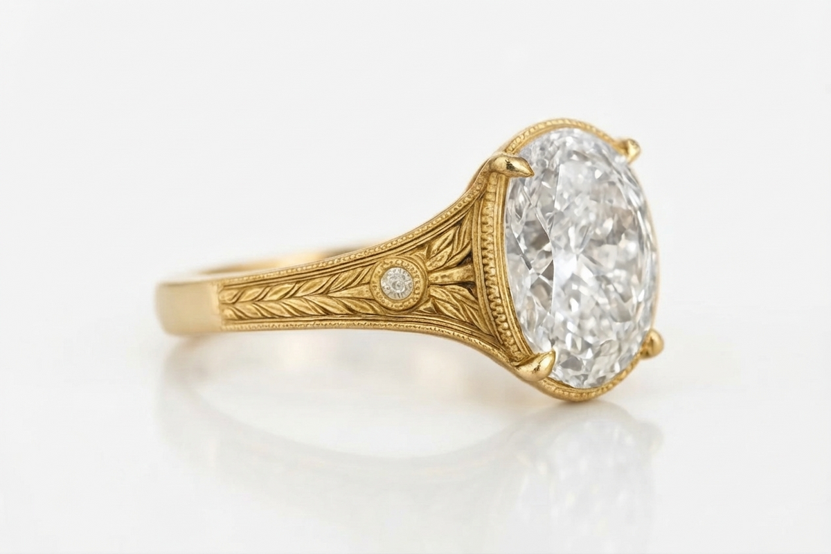Side profile view showing claw prongs, milgrain border, and hand-engraved leaf motif on a 5 CT oval lab diamond ring.