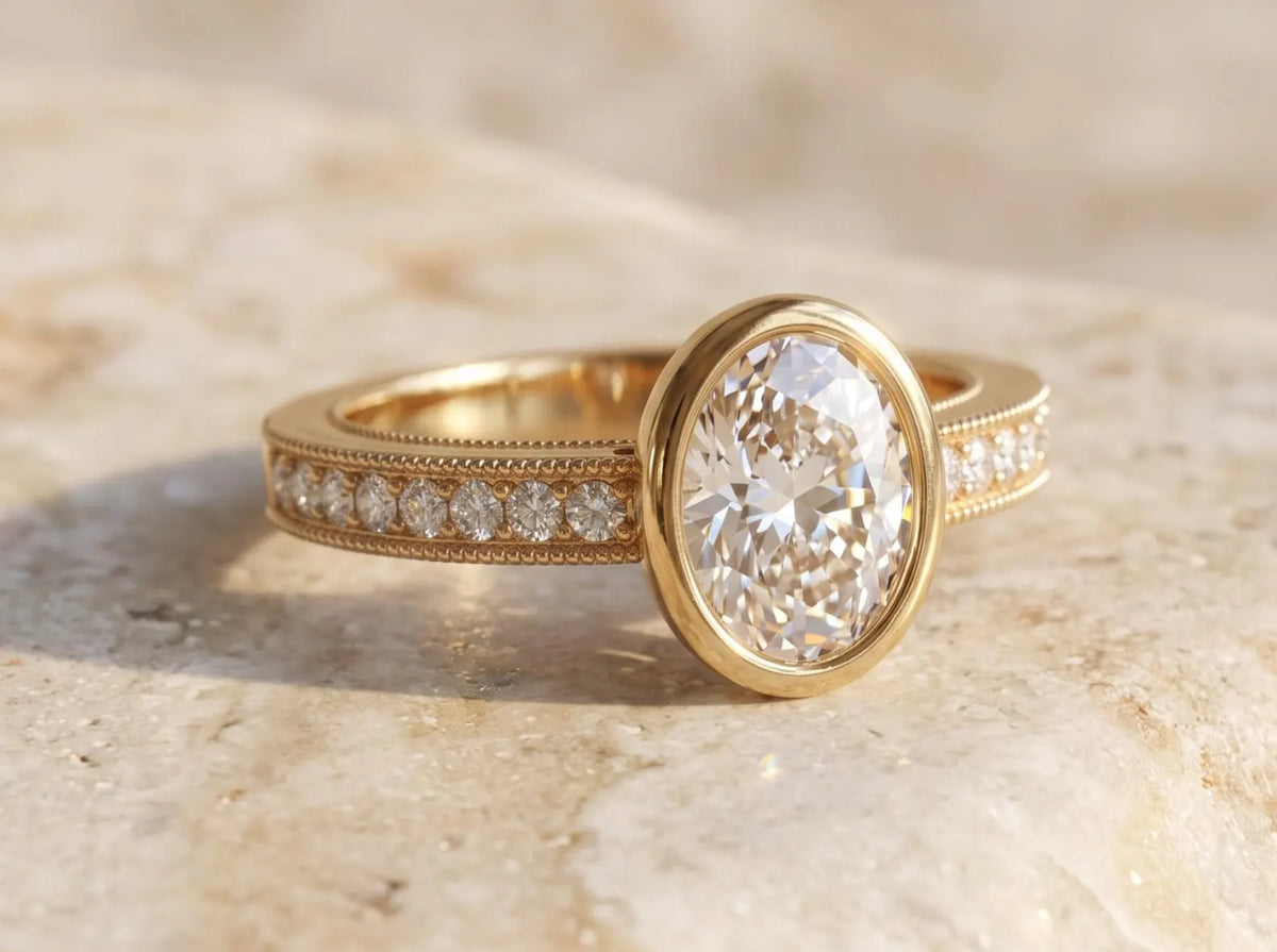 Angled side view of a 3 CT oval lab grown diamond ring with smooth bezel setting and milgrain-bordered diamond band in yellow gold.