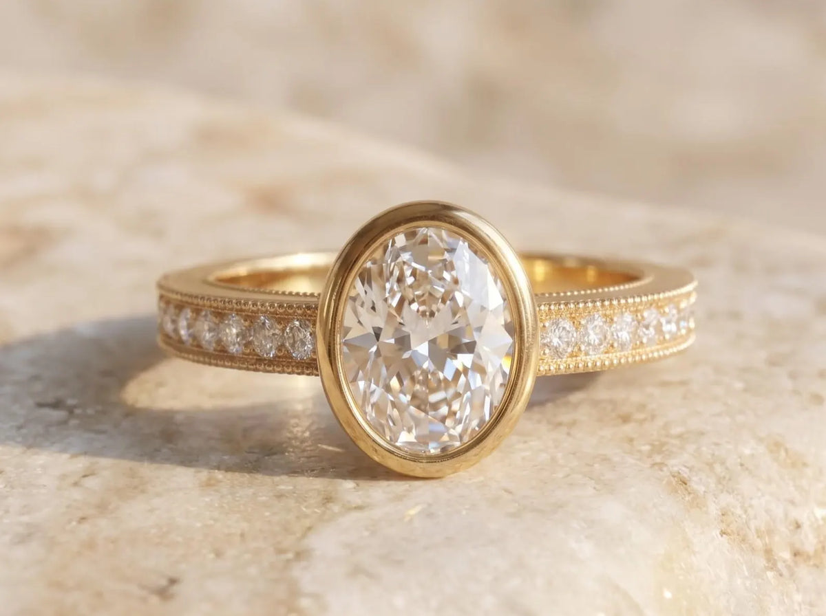Top view of a 3 carat oval cut lab diamond set in a sleek yellow gold bezel with a vintage milgrain channel-set band.