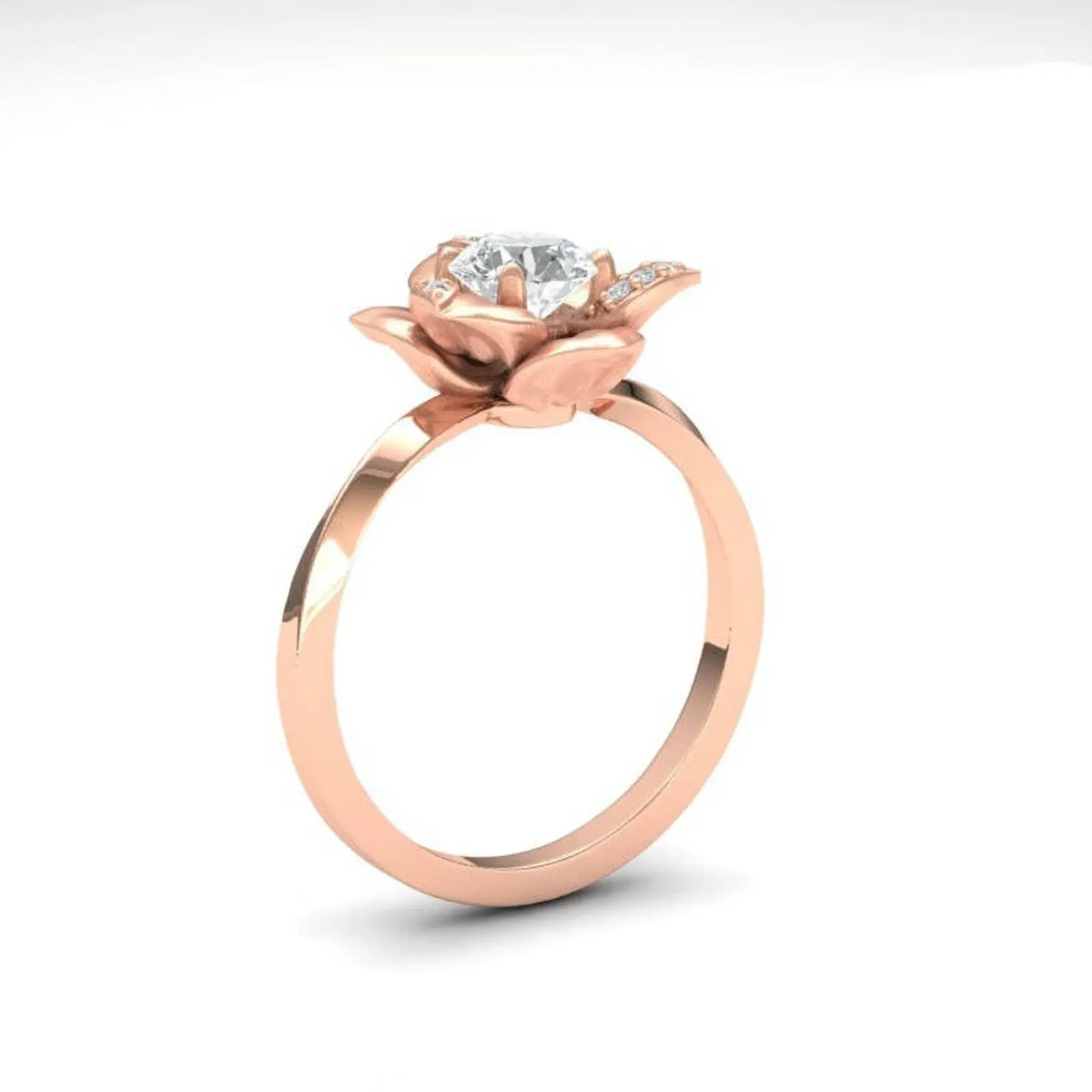 Side view of a 3 CT round cut lab grown diamond set inside a rose gold blooming flower setting with diamond accent petals.