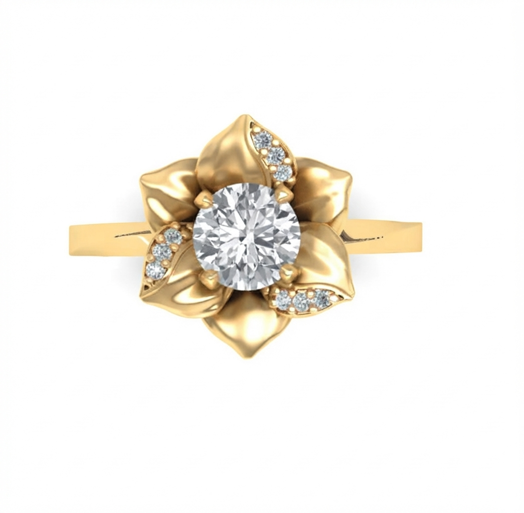 Top view of a 3 carat round brilliant lab diamond in a yellow gold floral bloom setting with pavé diamonds on petals.
