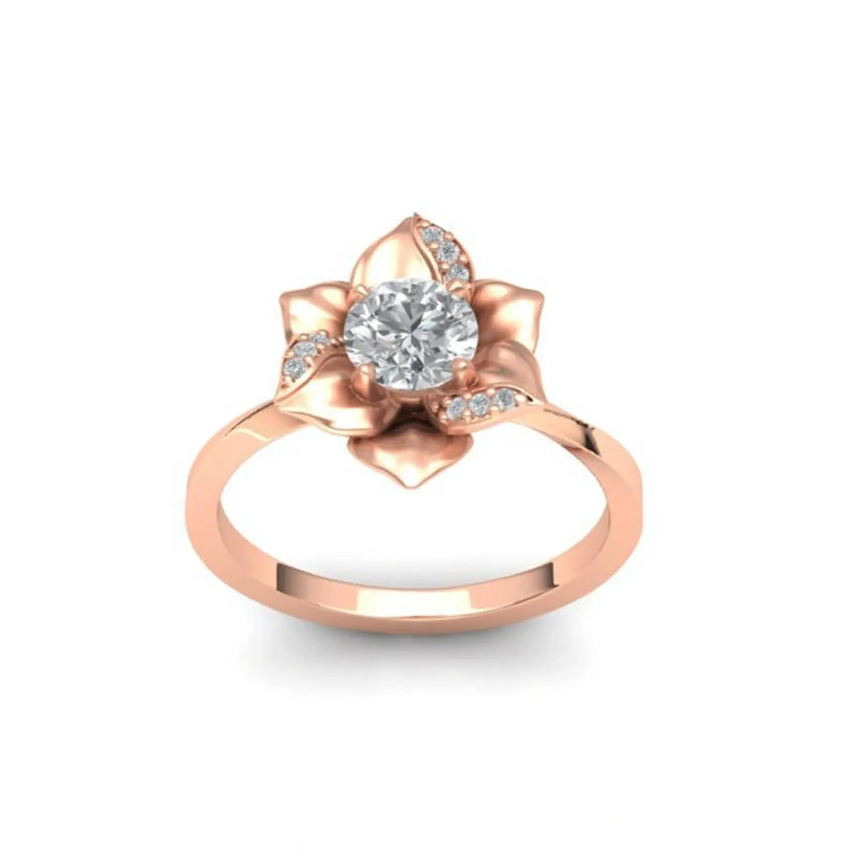 High-angle front view of a 3 CT round lab grown diamond rose gold flower ring.