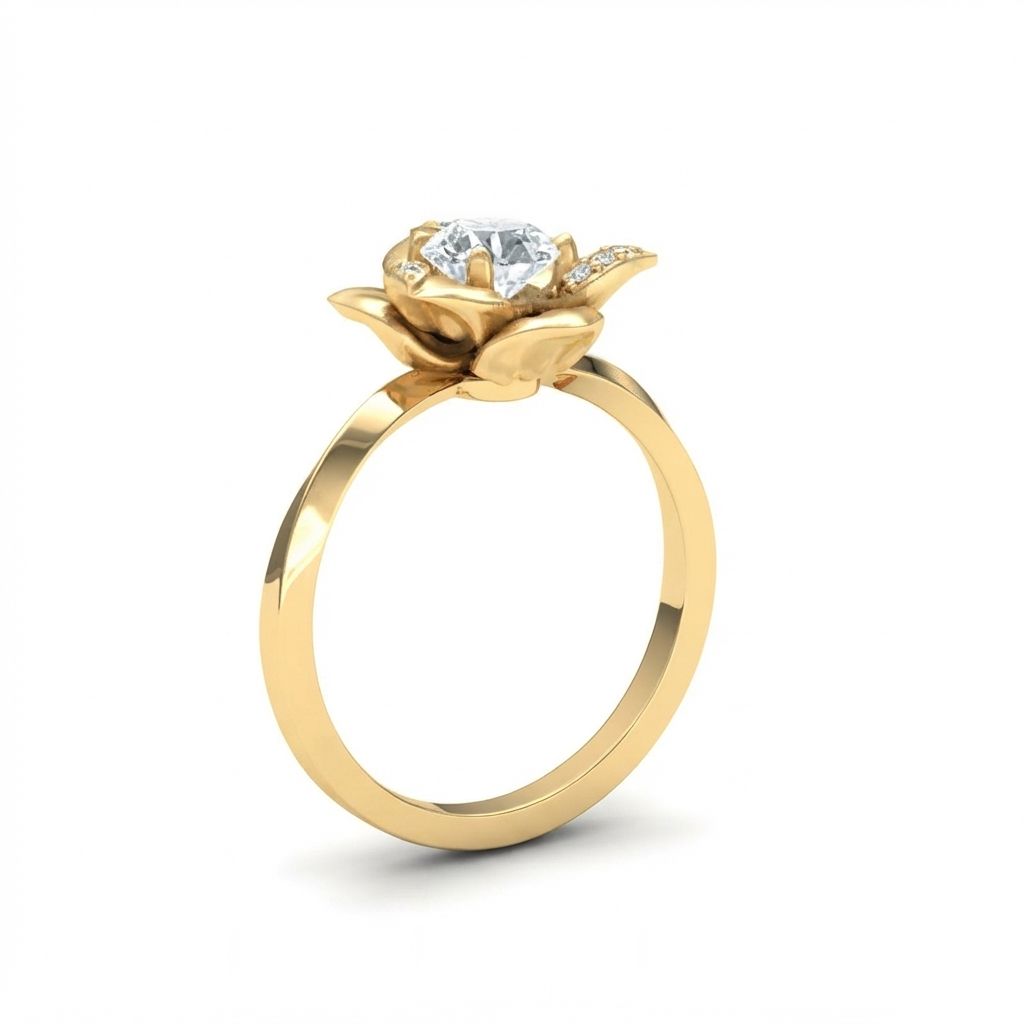 Side profile of a 3 CT round cut lab diamond flower basket setting in yellow gold.
