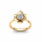 Angled view of a 3 CT round lab grown diamond floral engagement ring in yellow gold.