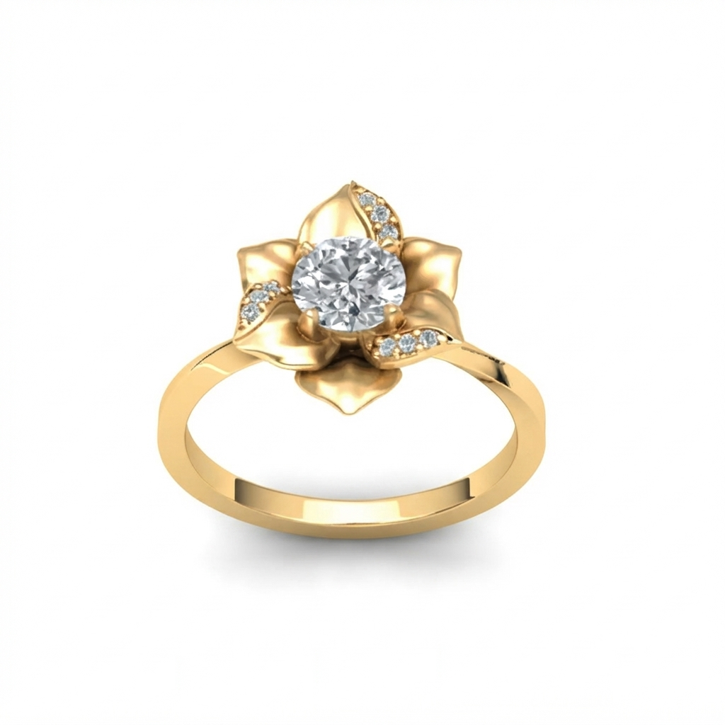 Angled view of a 3 CT round lab grown diamond floral engagement ring in yellow gold.