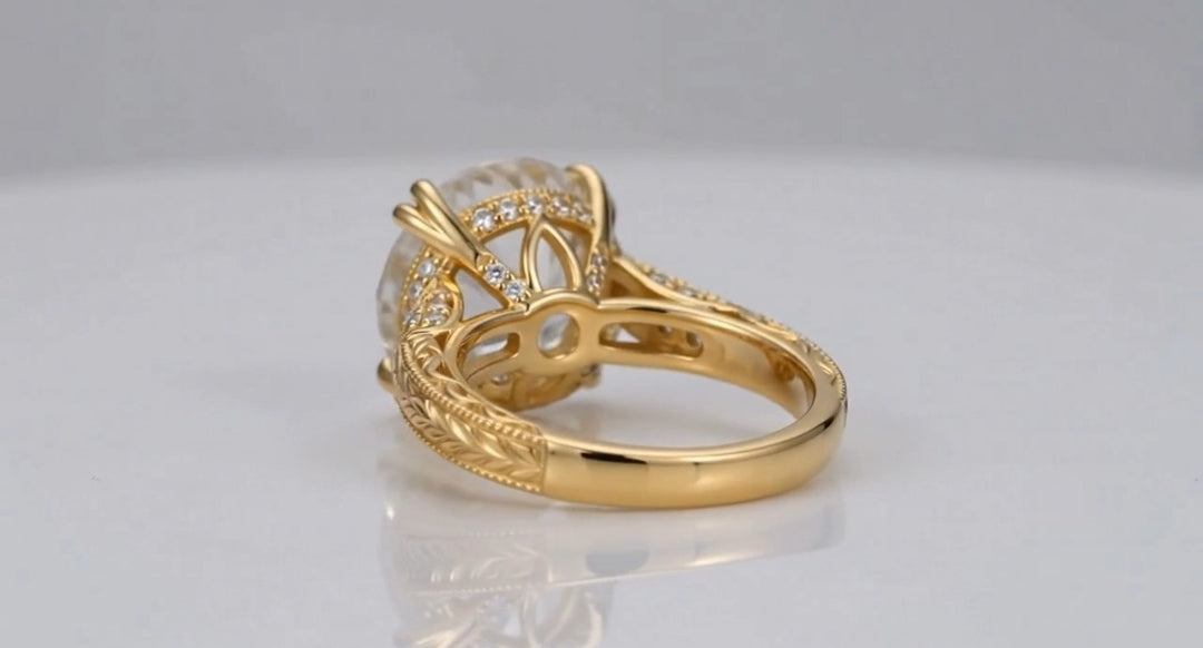 Perspective view showing open filigree basket detailing and smooth inner band of a vintage 4 CT round lab diamond ring.