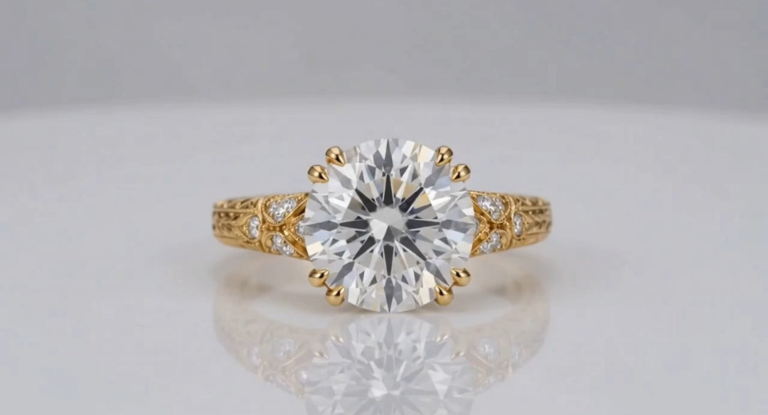 Direct top view of a brilliant 4 CT round lab grown diamond secured by double claw prongs with engraved shoulders.