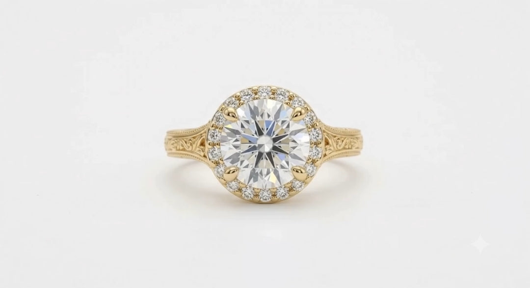 Direct top view of a 4 carat round brilliant lab diamond encased in a micro-pavé halo with milgrain-bordered engraved shoulders.