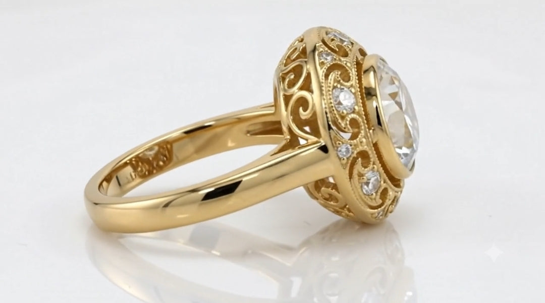 Side-angled view of a 4 carat round lab diamond vintage halo ring with smooth yellow gold band.