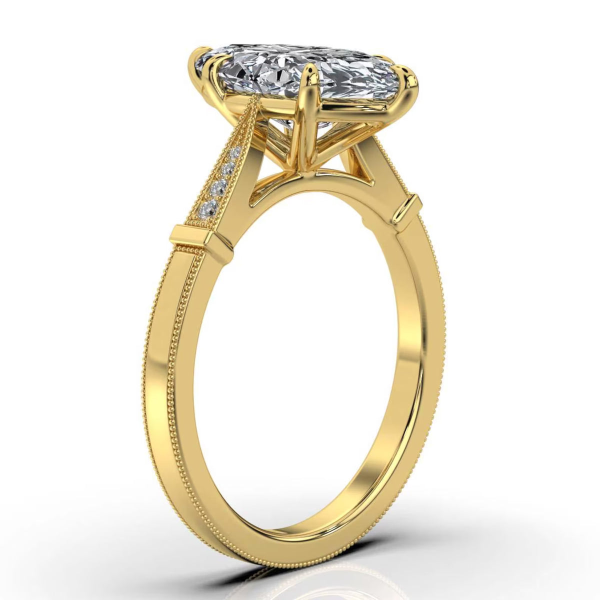 Side profile of a 4 CT marquise lab grown diamond ring in yellow gold featuring milgrain band edges and tapered pave shoulders.