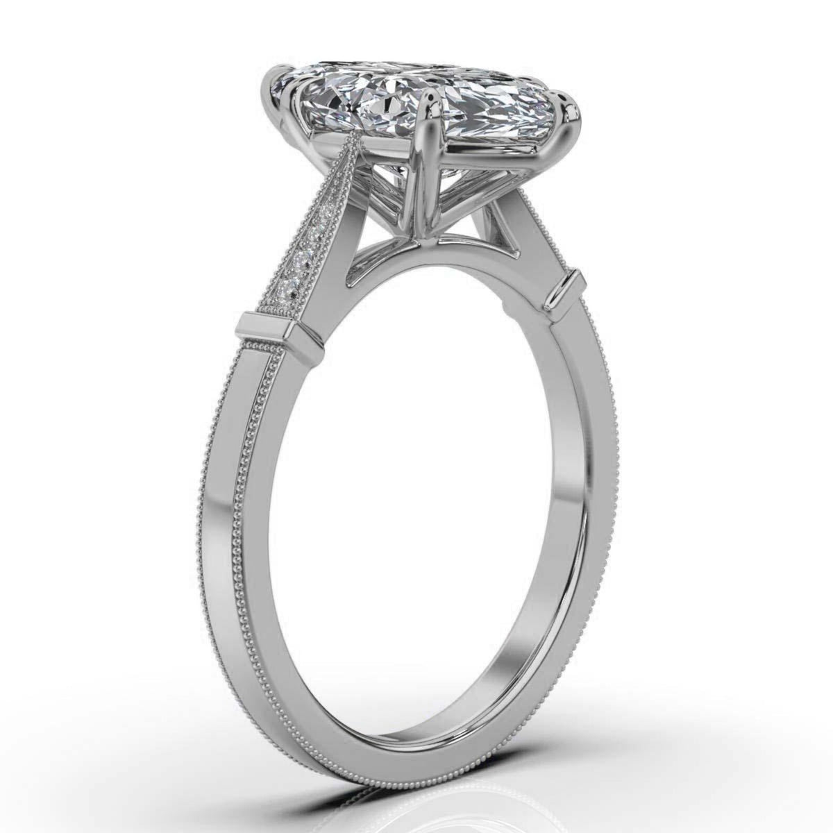 Side view of a 4 CT marquise lab diamond engagement ring in white gold showing cathedral setting and milgrain detailing.