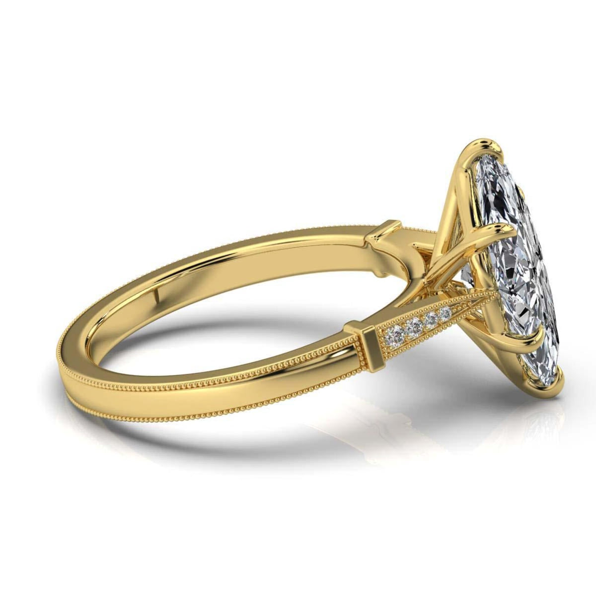 Angled side view of a 4 carat marquise lab grown diamond ring with yellow gold milgrain shank and pave side accents.
