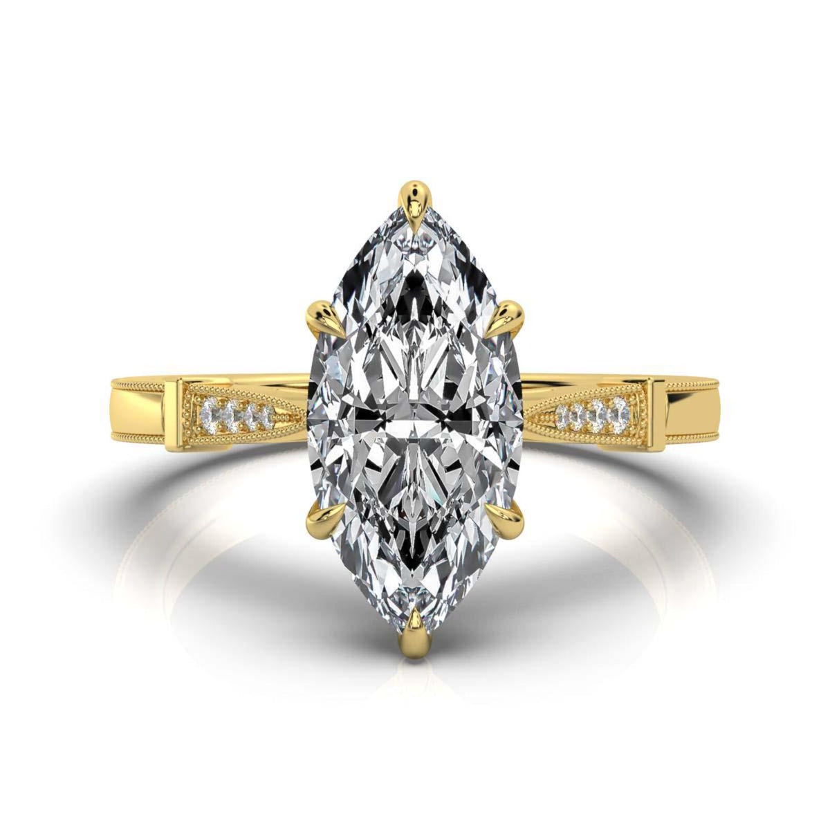 Top view of a 4 CT marquise cut lab grown diamond ring in yellow gold with 6-prong secure setting.