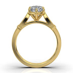 Direct profile view showing high cathedral arch and milgrain bordered band in yellow gold.