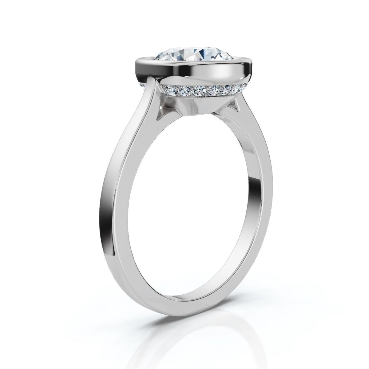 Side perspective of a white gold 4 carat round lab diamond engagement ring showing smooth bezel collar and hidden micro-pavé halo.