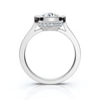 Direct profile view of a white gold 4 CT round lab diamond ring with full bezel protection and secret pave halo.