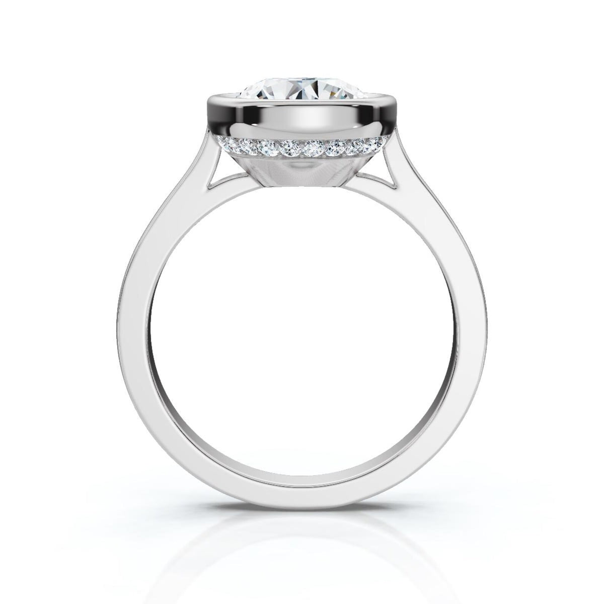 Direct profile view of a white gold 4 CT round lab diamond ring with full bezel protection and secret pave halo.