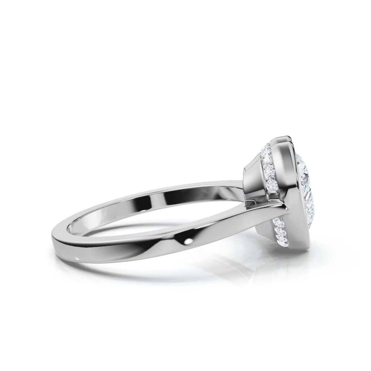 Side-angled view of a 4 CT heart cut lab grown diamond ring in white gold featuring a smooth bezel frame and hidden diamond halo undergallery.