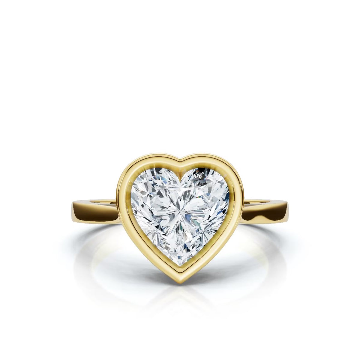 Top view of a brilliant 4 carat heart cut lab diamond encased in a protective yellow gold full bezel frame.