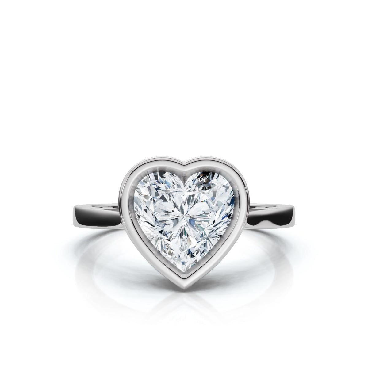 Top-down view of a 4 CT heart cut lab diamond framed in a high-polish white gold bezel setting.