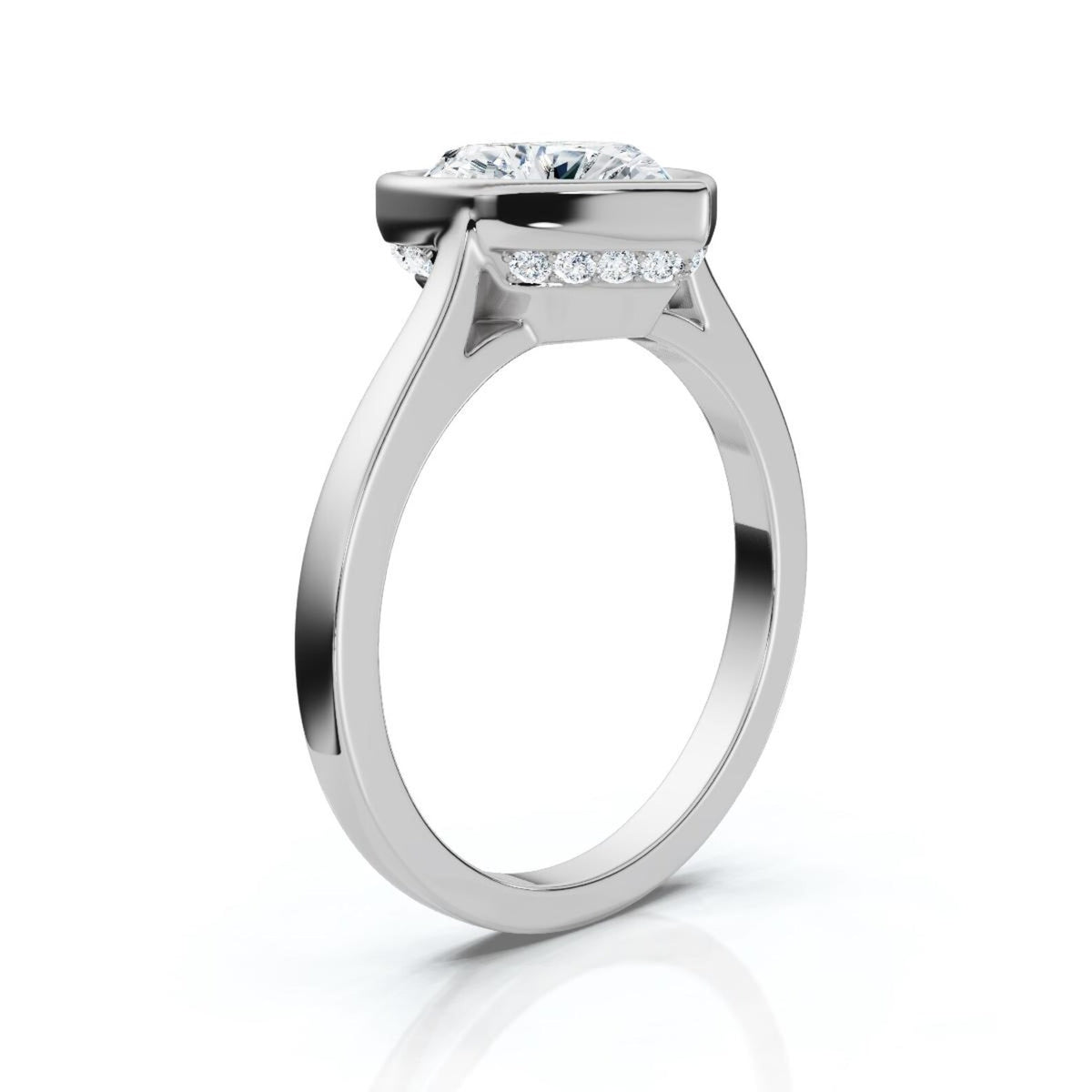 Side profile of a white gold 4 carat heart lab diamond engagement ring showing cathedral shoulders and hidden halo.