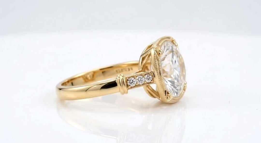 Direct side profile view of a yellow gold 4 CT round lab diamond ring displaying the openwork basket setting and collar-accented band.