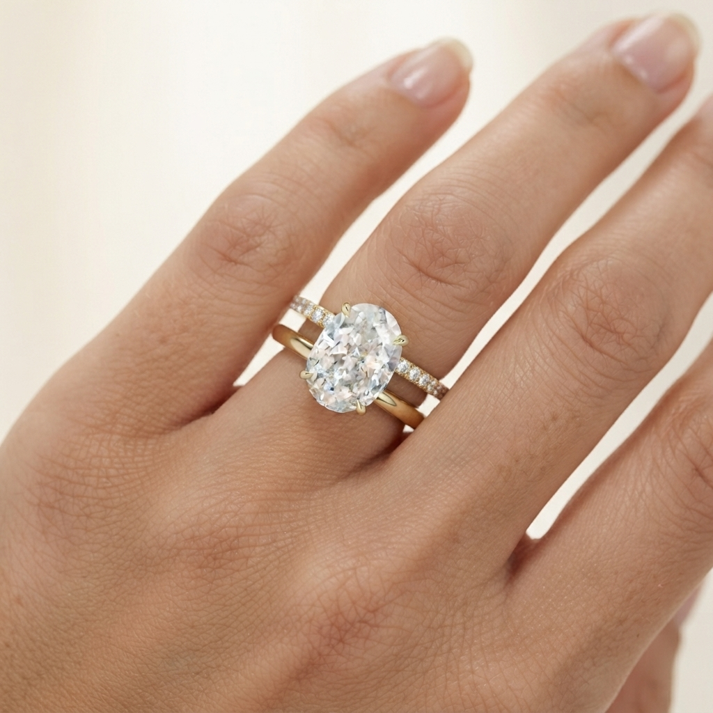 A close-up of a hand wearing a yellow gold ring set with a oval-cut diamond and small accent diamonds on a matching band, against a soft light beige background.