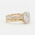 Side profile view of a 4 carat oval lab diamond ring showing the double band design and micro-pavé hidden halo.