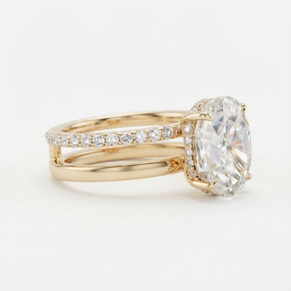 Side profile view of a 4 carat oval lab diamond ring showing the double band design and micro-pavé hidden halo.
