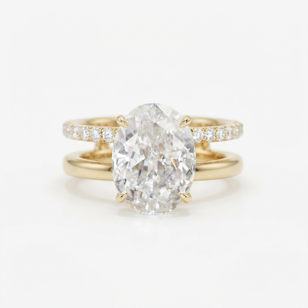 Front view of a 4 CT oval cut lab grown diamond engagement ring with a dual pavé and plain gold double band.