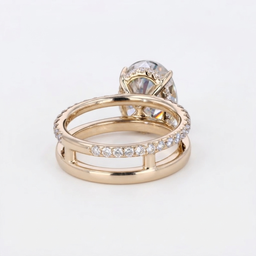Angled rear profile view displaying the connected dual band structure and open hidden halo basket of a 4 CT oval lab diamond ring.