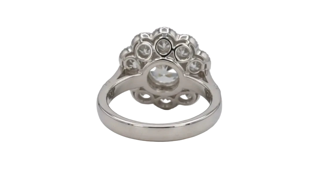 Undergallery perspective of a 2 CT round lab diamond ring showing the flower-shaped basket architecture.