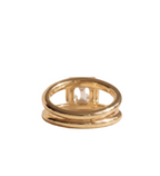 Rear angle showcasing the dual parallel shank geometry and open gallery basket structure of a yellow gold bezel ring.