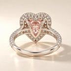 Rear structural view displaying the intricate undergallery basket and inner pavé shank of a double halo heart cut ring.
