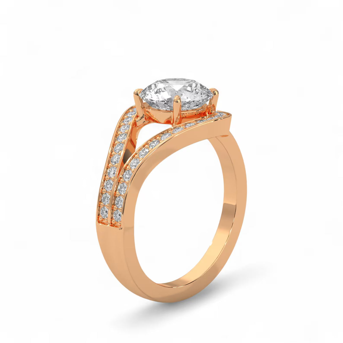 Direct side profile view of a rose gold 3 carat round lab diamond engagement ring.