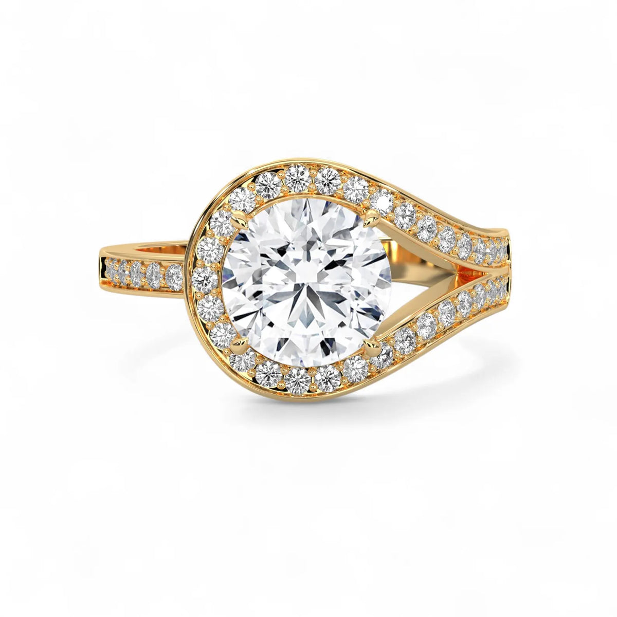 Top-down view of a 3 CT round lab diamond set inside a teardrop bypass halo in yellow gold.