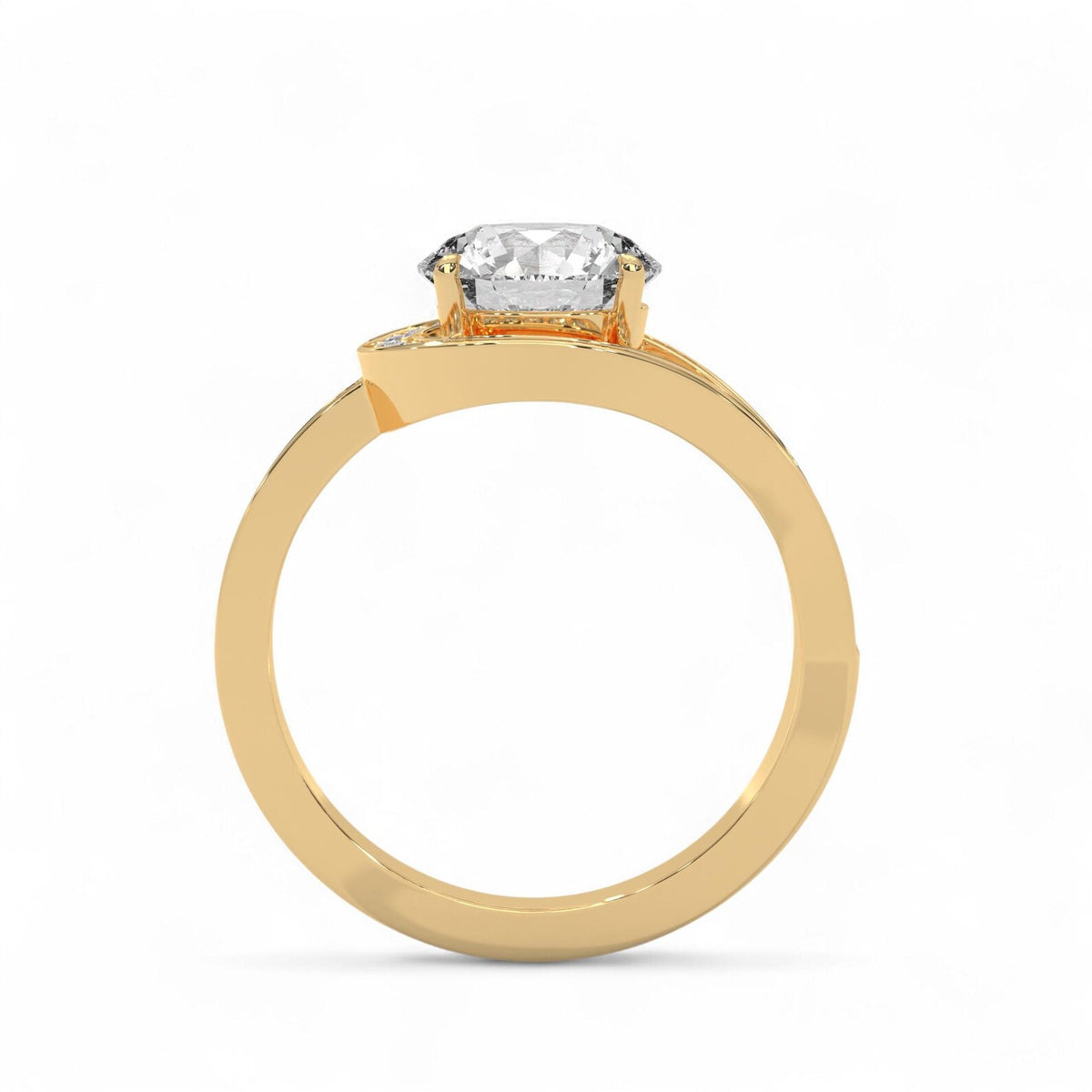 Side view of a yellow gold 3 CT round cut lab grown diamond solitaire halo ring.