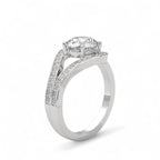 Angled view of a white gold 3 carat round lab diamond ring featuring a split pavé band.
