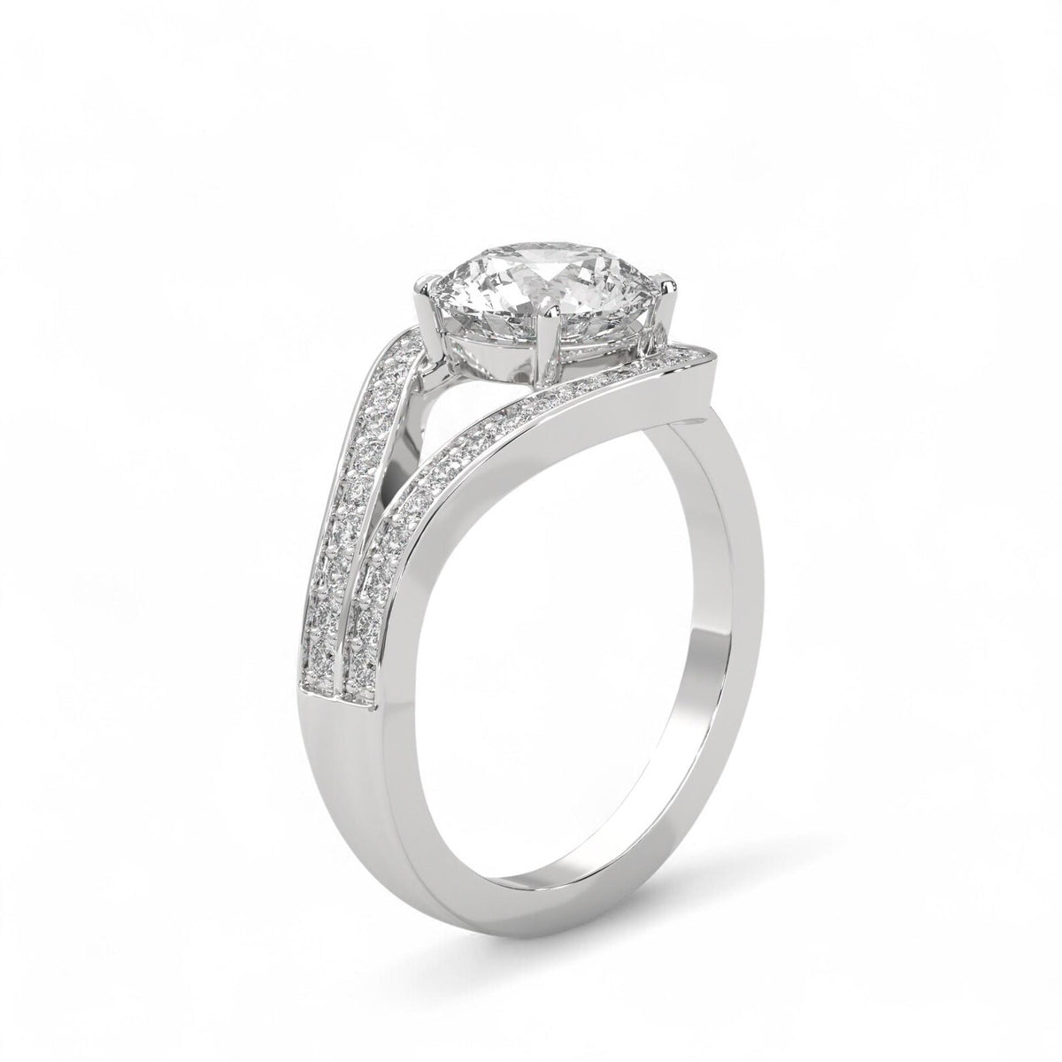 Angled view of a white gold 3 carat round lab diamond ring featuring a split pavé band.