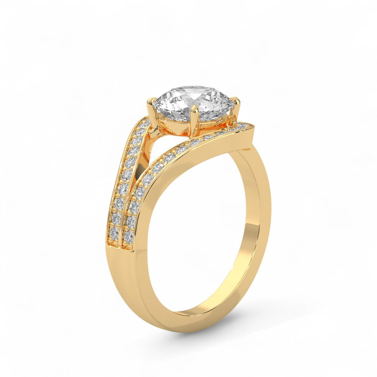 Perspective view highlighting the split pave shank and center round lab diamond in yellow gold.