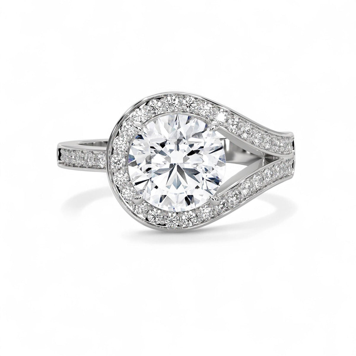 Face-up top view showing white gold teardrop bypass halo holding a 3 CT round brilliant lab diamond.