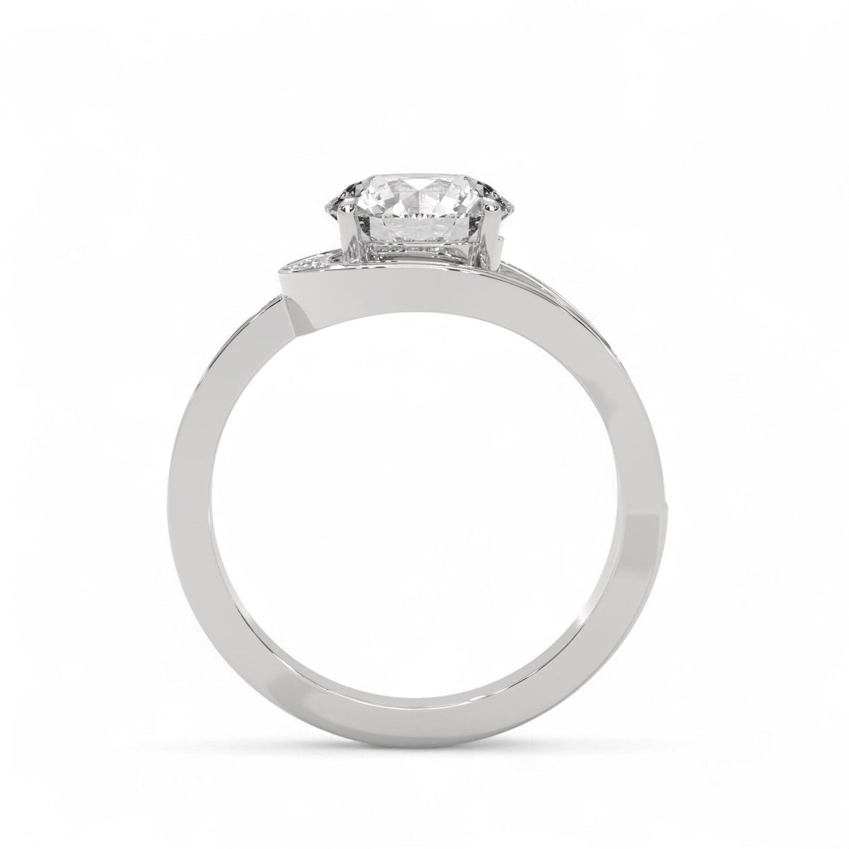 Side profile view of white gold 3 CT round lab diamond engagement ring.