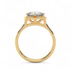 Side profile view of a yellow gold 3 CT round lab diamond ring showing the intricate floral basket setting architecture.