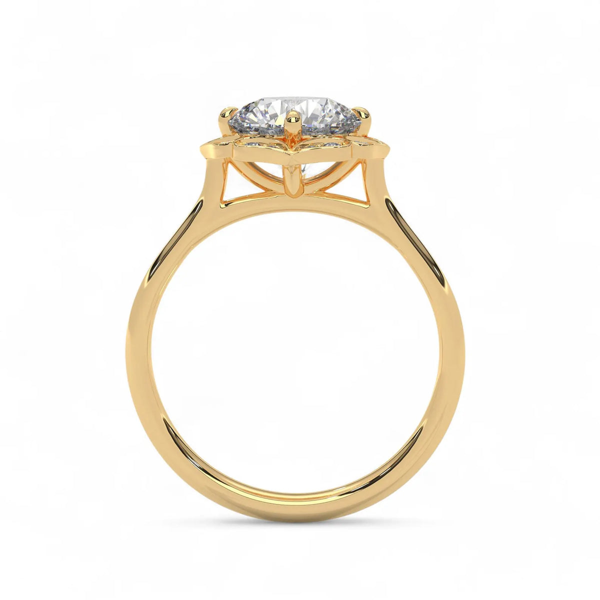 Side profile view of a yellow gold 3 CT round lab diamond ring showing the intricate floral basket setting architecture.