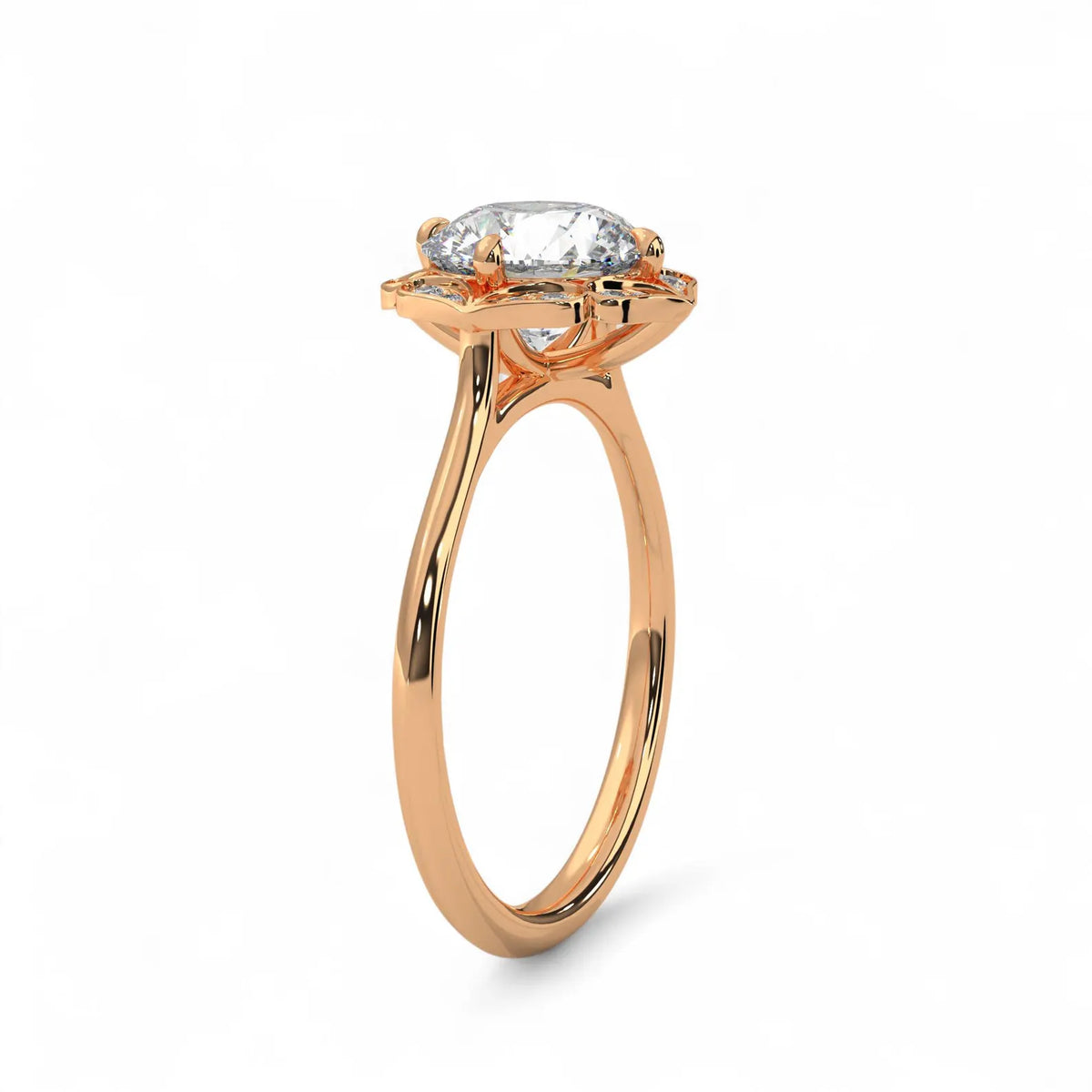 Perspective side view of a rose gold floral halo engagement ring with a smooth plain band.