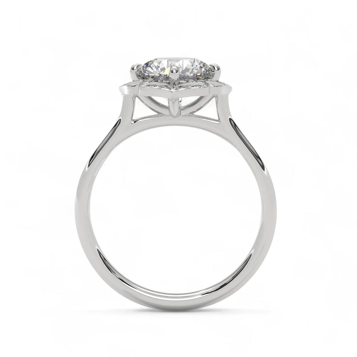 Direct side profile view of a white gold round lab diamond engagement ring with cathedral floral setting.