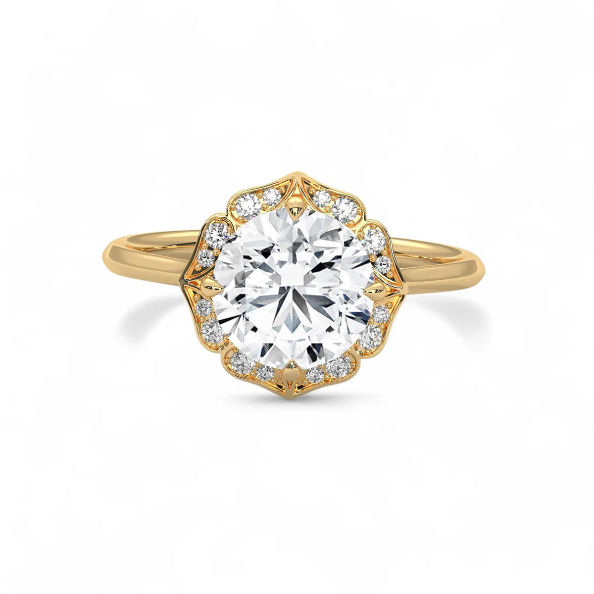 Face-up top view of a 3 CT round brilliant lab diamond in a yellow gold lotus petal halo.