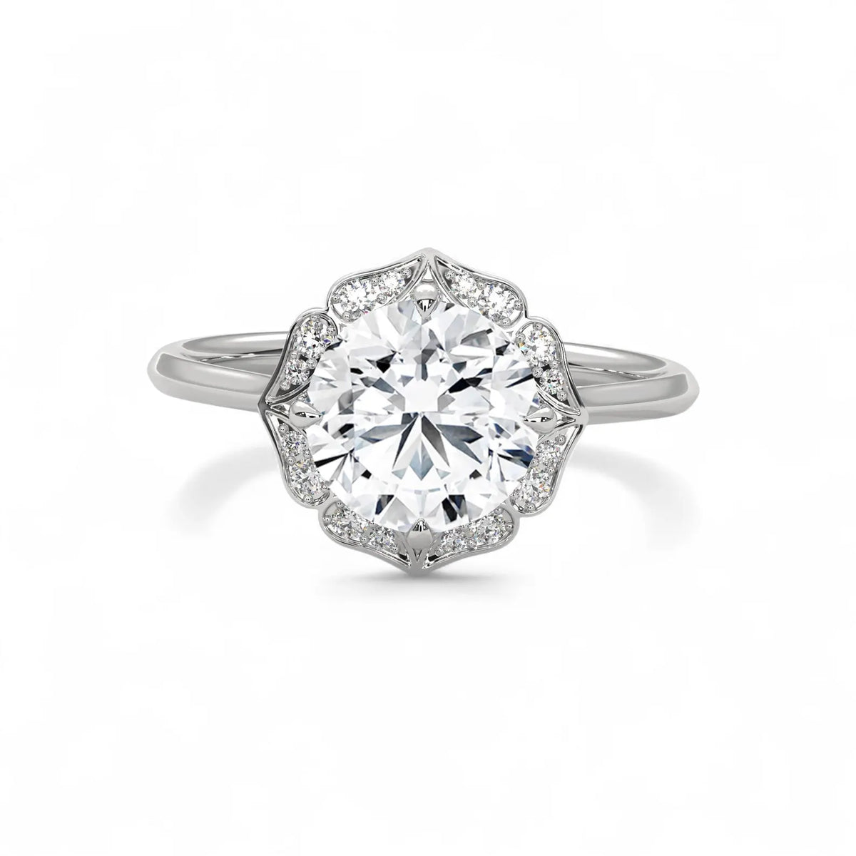 Top-down view showing a 3 carat round lab diamond set inside a white gold scalloped halo.