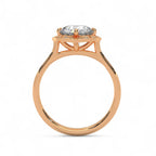 Direct side profile view of a rose gold 3 CT round lab diamond ring with floral basket setting.